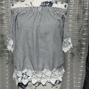Striped Off-Shoulder Top with Lace Trim